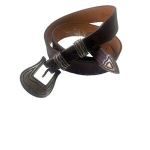Vintage Paul Reid Sterling Silver Brown Leather Belt with Western Style Buckle M